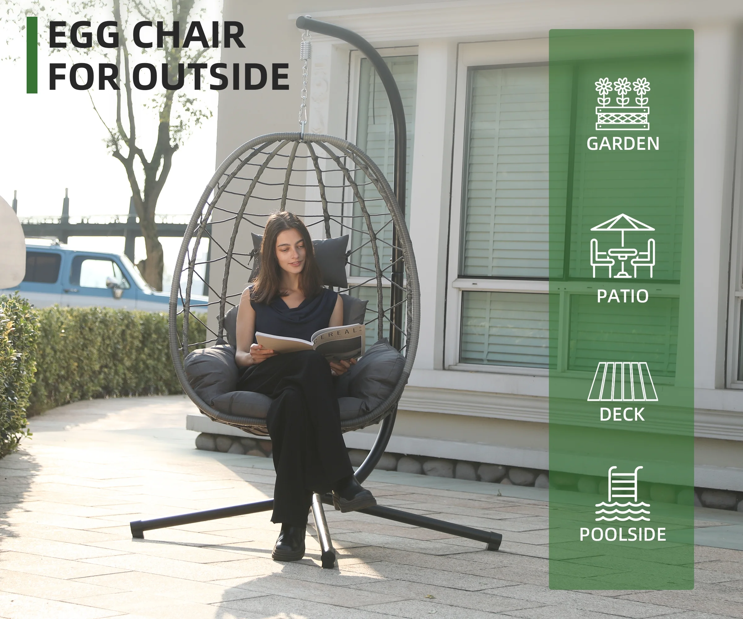 LHBcraft Swing chair clearance indoor Home Outdoor Egg Swing Chair, Patio Hanging Wicker basket stand with Soft Cushion UV Resistant 350LBS Capacity for Patio Backyard