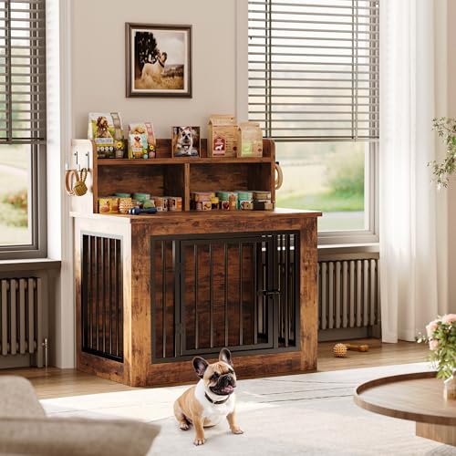IRONCK Extra Large Dog Crate Furniture, 43.3 inches Wooden Dog Crate with Storage and 4 Hooks, Heavy Duty Pet Crate for Large Dog, Decorative Pet Cage for Indoor (30" L x 43.3" W x 41.1" H)