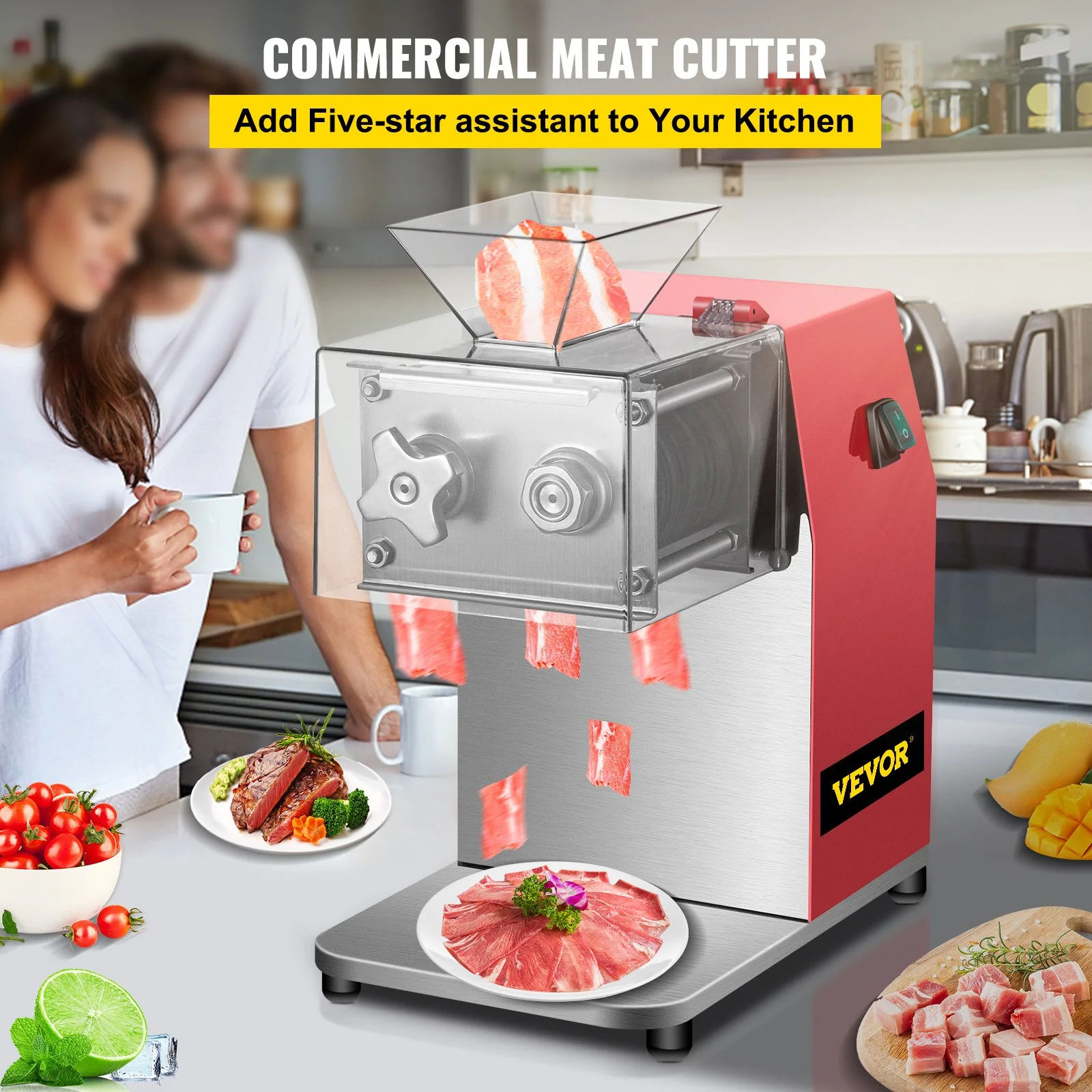 VEVOR 850W Commercial Meat Cutter, 551 Lbs/H Capacity with 3.5mm Blade, Electric Stainless Steel Food Cutter for Lamb, Beef, Chicken - Ideal for Kitchens & Supermarkets, Red
