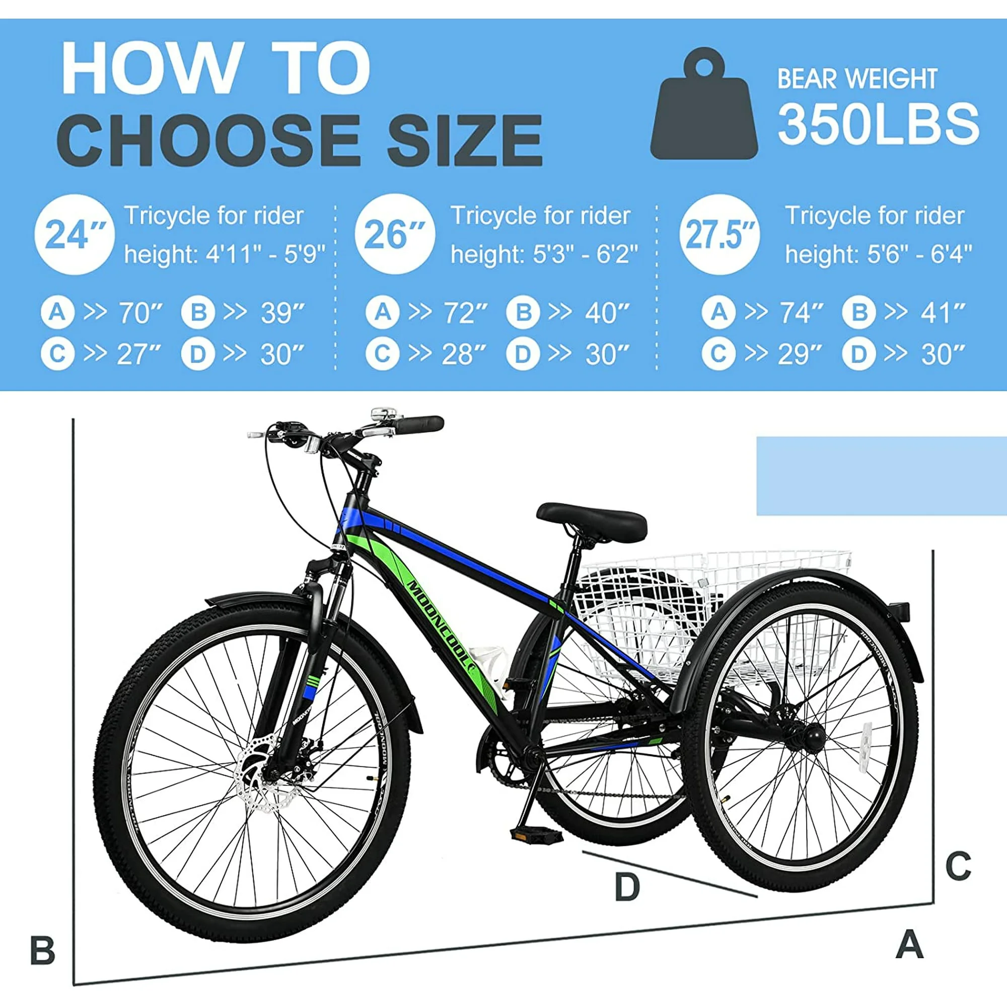Lilypelle Adult Mountain Tricycle 24/26/27.5 Inch Low step through Mountain Bike Cruiser Trikes for Adults 7 Speed Three Wheel Trike Bike Bicycle with Large Basket