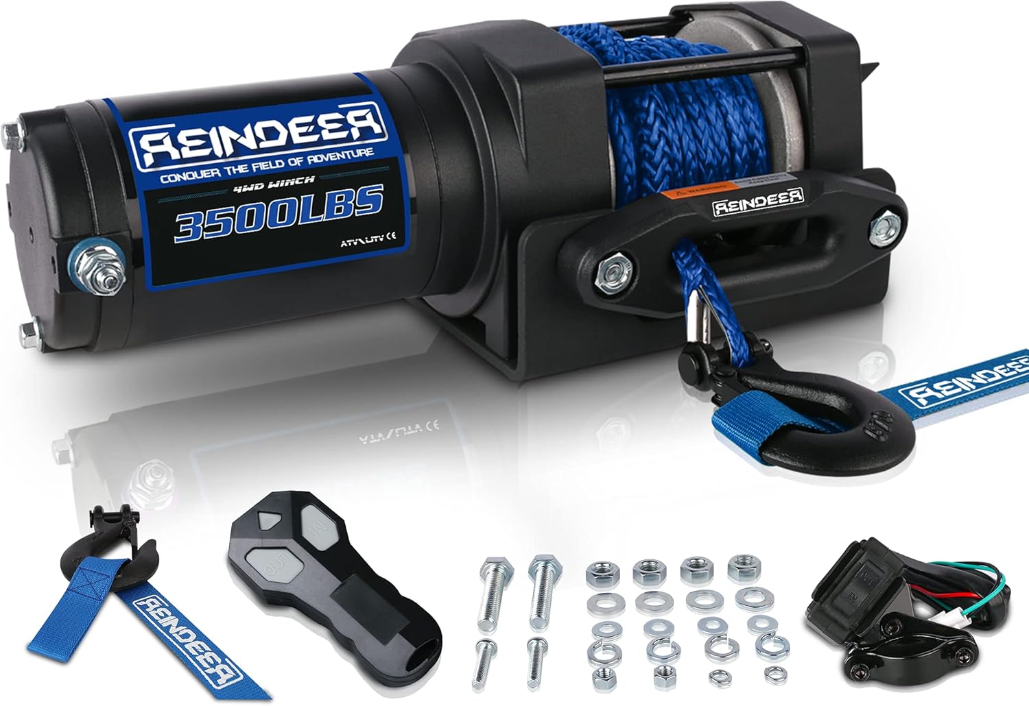 REINDEER New 12V Winch 3500 lb Load Capacity Electric Winch Kit Synthetic Rope with Hawse Fairlead Waterproof IP67 with Wireless Remotes