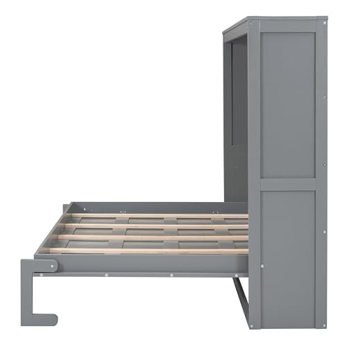 Harper & Bright Designs Queen Size Murphy Bed Wall Bed with Storage Shelves, Wardrobe and LED Lights, Space-Saving for Multipurpose Guest Room or Home Office, Gray