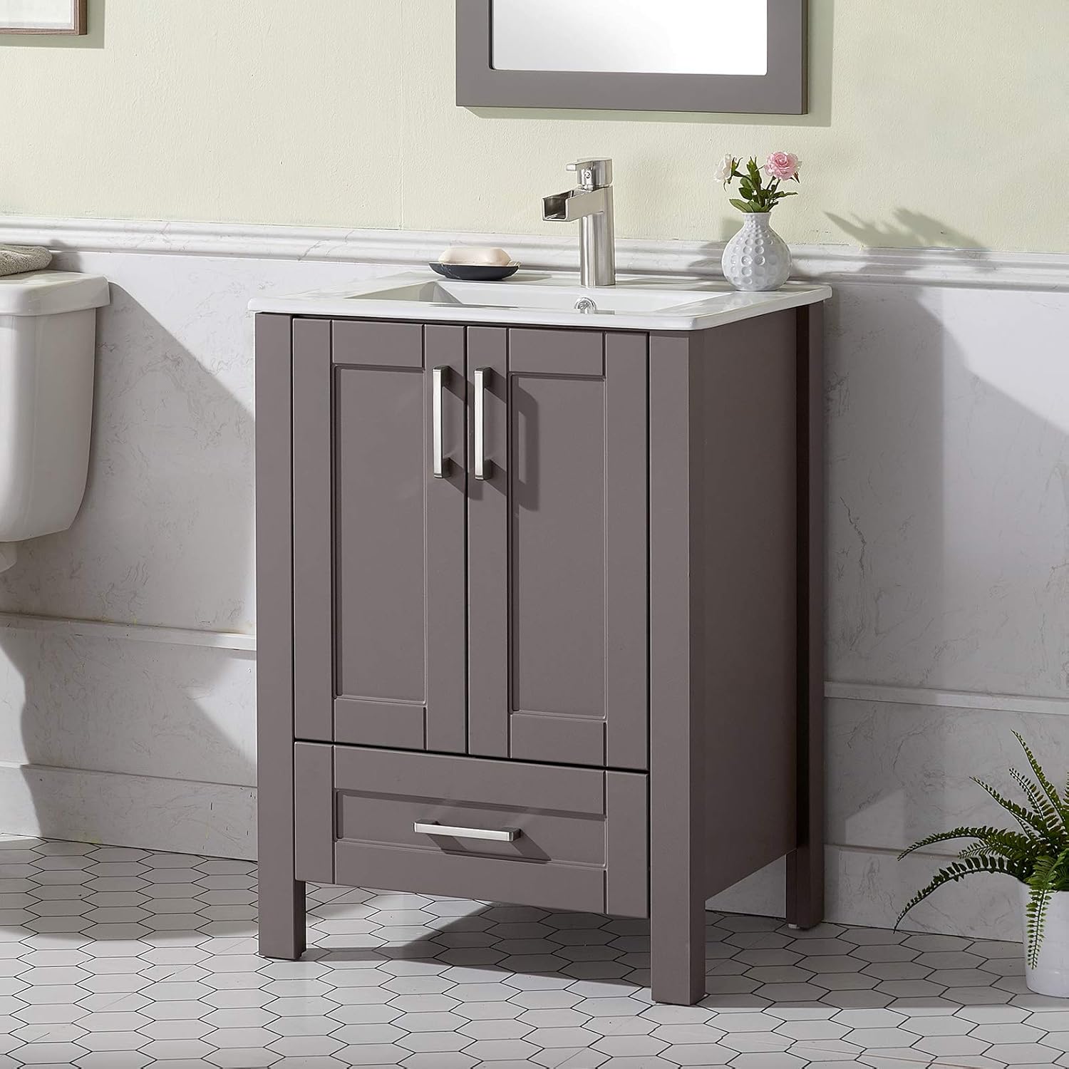 Bathroom Vanity with Sink, 24 Inch Small Bathroom Cabinet Set Combo 2 Doors Grey, Wood Storage Cabinet with Single Hole Undermount Ceramic Sink
