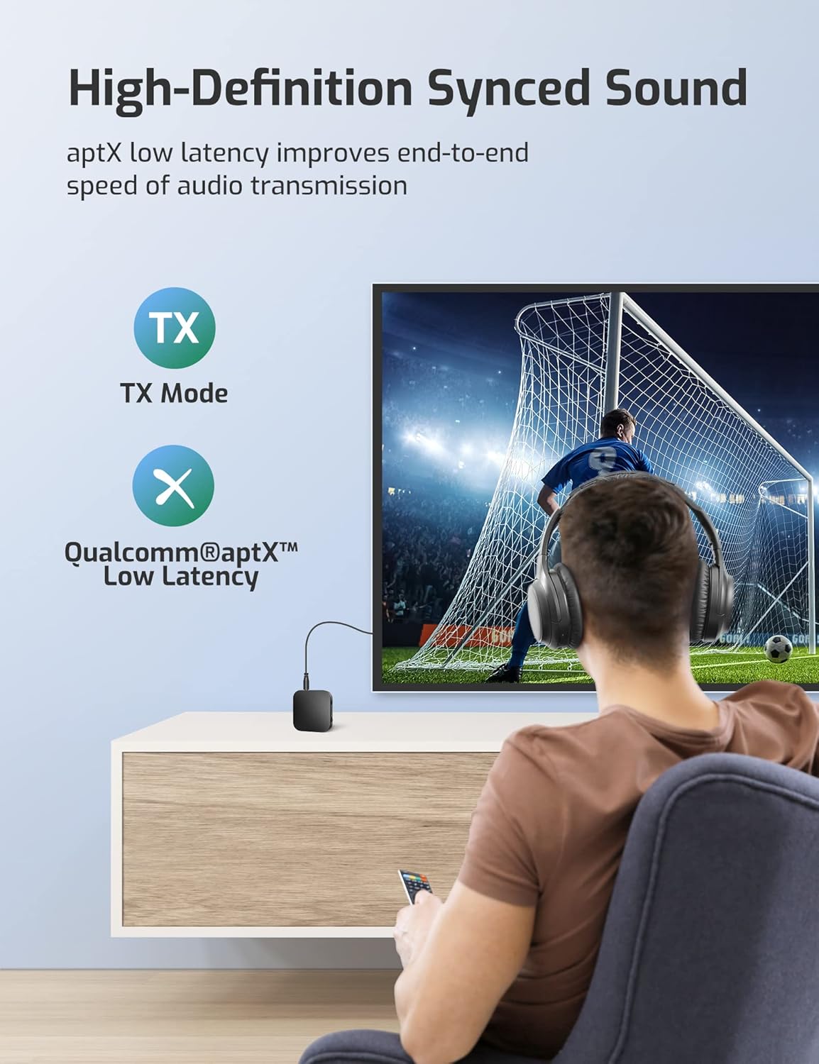 Bluetooth 5.0 Transmitter and Receiver, Wireless 3.5mm Audio Adapter (aptX Low Latency, Pair 2 at Once, for TV/Projector/Headphones, Volume Control, AUX/RCA)