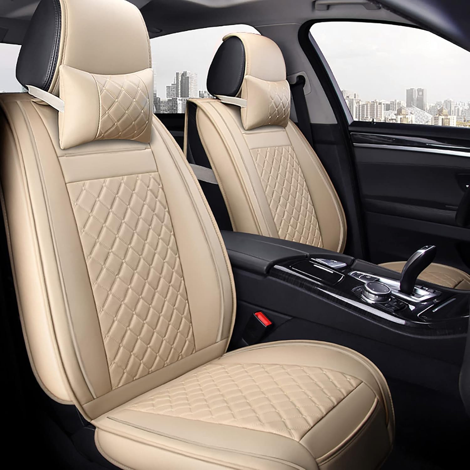 FREESOO Car Seat Cover Leather, 2 Front Seats Covers Carseat Protectors Universal Fit for Almost Sedan SUV Truck Pick-up (Khaki Black 2PCS)