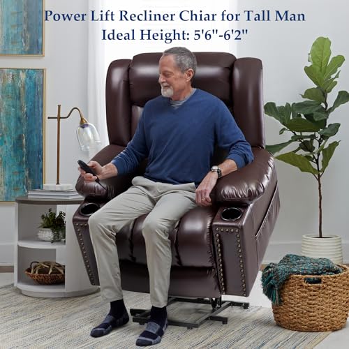 Large Power Lift Chairs Recliners for Elderly with Heated and Massage, Overstuffed Adjustable Lift Chairs, 3 Positions, Breathable Leather, USB-A and USB-C, Cup Holder, Side Pocket Dark Brown