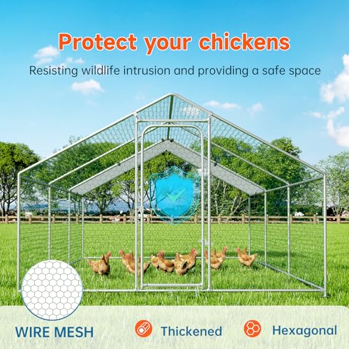Large Metal Chicken Coop, Chicken Run Poultry Cage Hen with Water-Resident and Anti-UV Cover for Duck Rabbit House Outdoor Walk-in Chicken Pen for Yard, Dome Roof(10’ W x 19.7’ L x 6.4’ H)