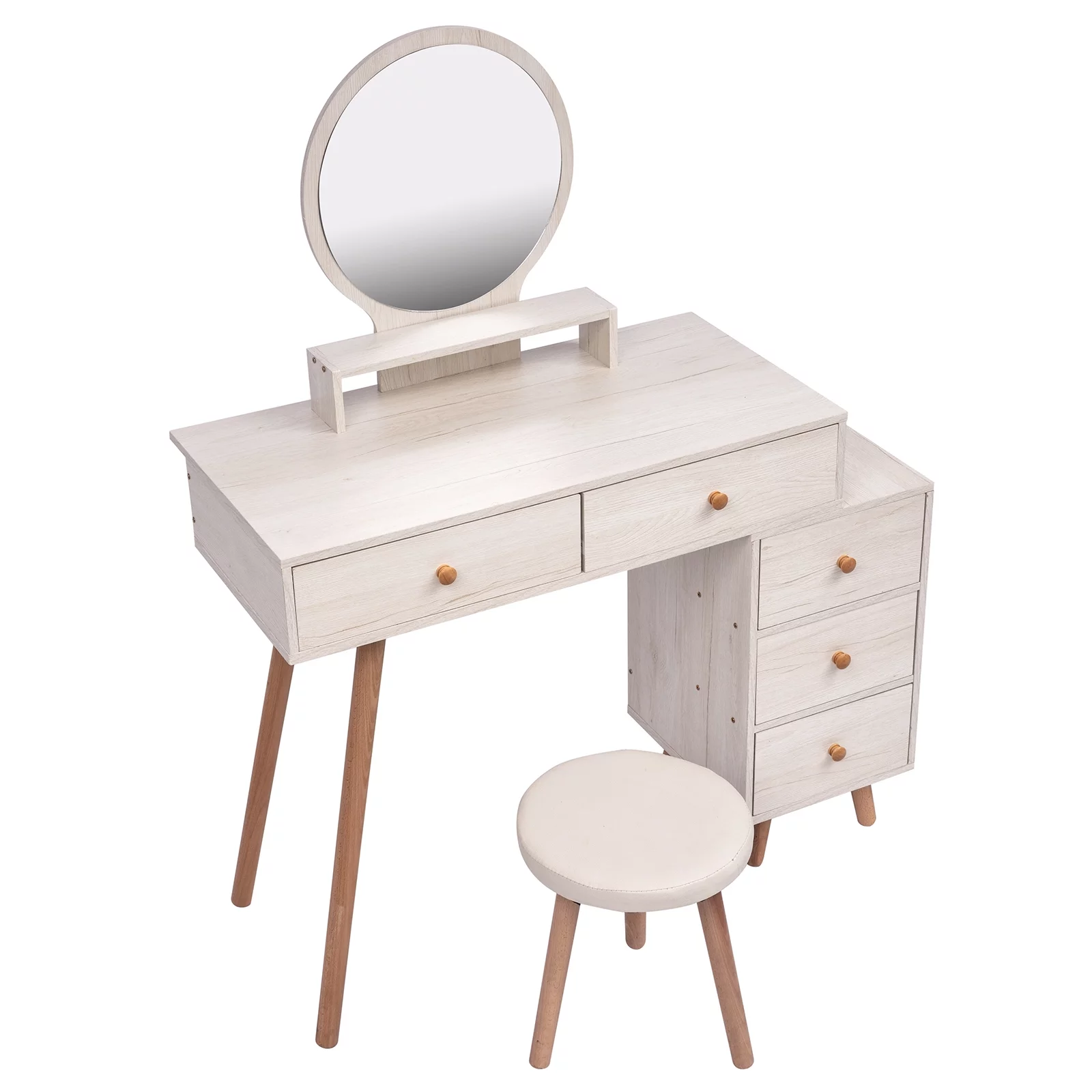 Ufurpie Makeup Vanity Table with Cushioned Stool,Large Capacity Storage Cabinet,5 Drawers,Large Round Mirror,Fasionable Makeup Furniture for Bedroom