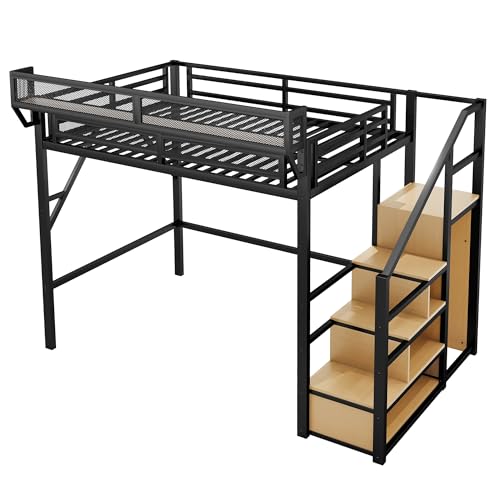 Full Size Loft Bed with Stairs and Storage, Metal Loft Bed Frame with Bedside Shelf and Large Under-Bed Space, Heavy-Duty Bed for Adults Teens and Kids, Black