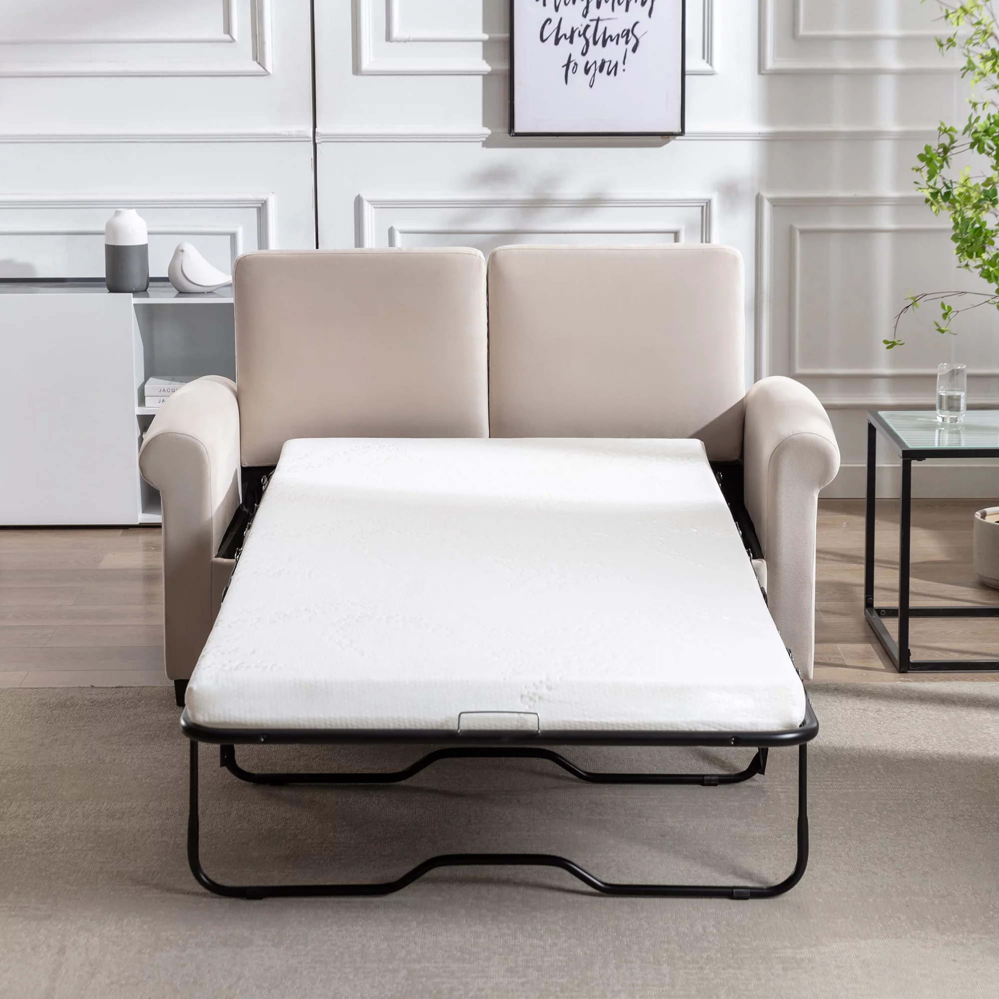 CoSoTower 58.3" Pull Out Sofa Bed,Sleeper Sofa Bed with Premium Twin Size Mattress Pad,2-in-1 Pull Out Couch Bed,Loveseat Sleeper for Living Room,Small Apartment, Beige White