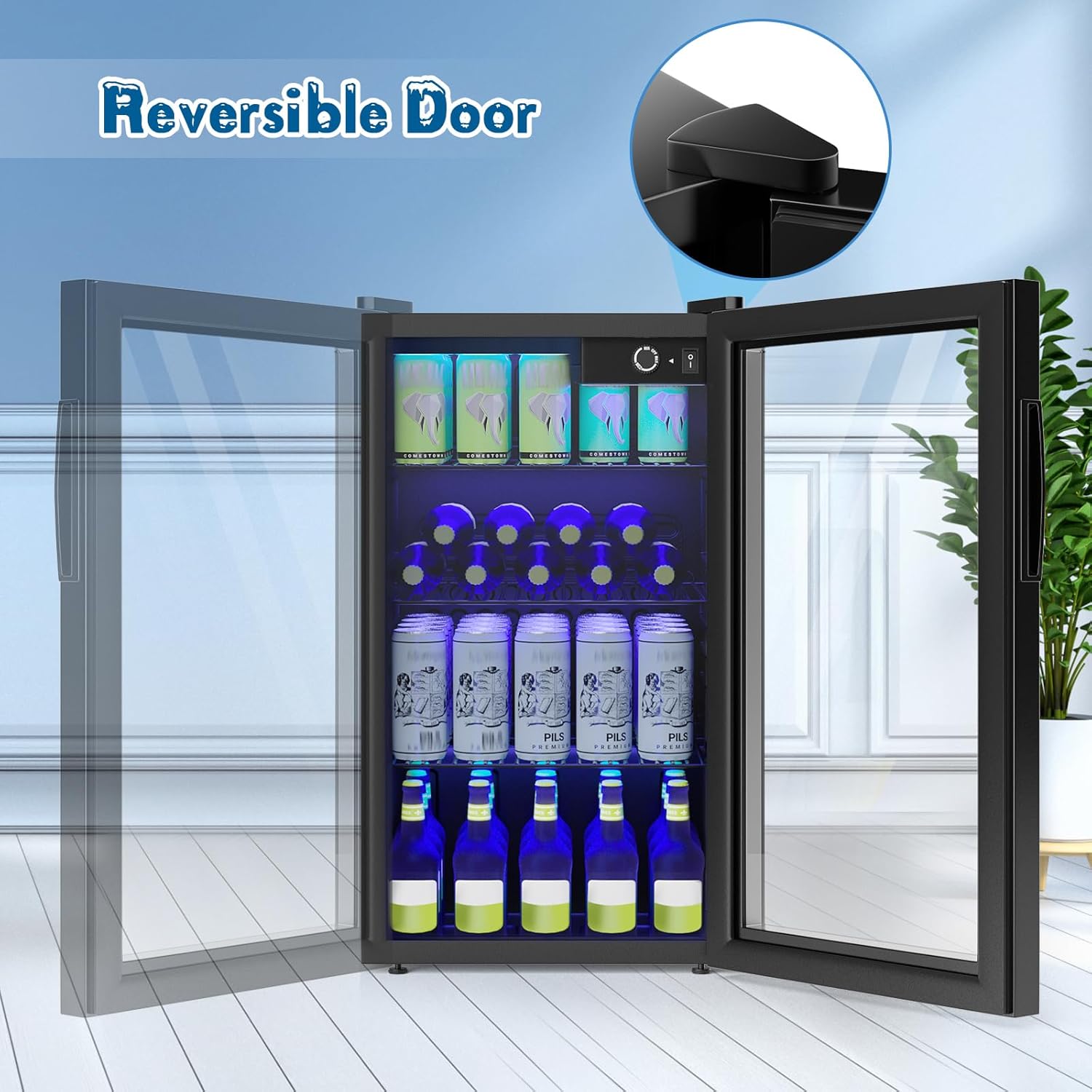 Mini Beverage Fridge, 120 Can, Beverage Fridge w/Glass Door, Adjustable Shelves, LED Light & Temperature Control, Small Beverage Refrigerator for Bedroom, Home, Office, Bar, 3.2 Cu. Ft.