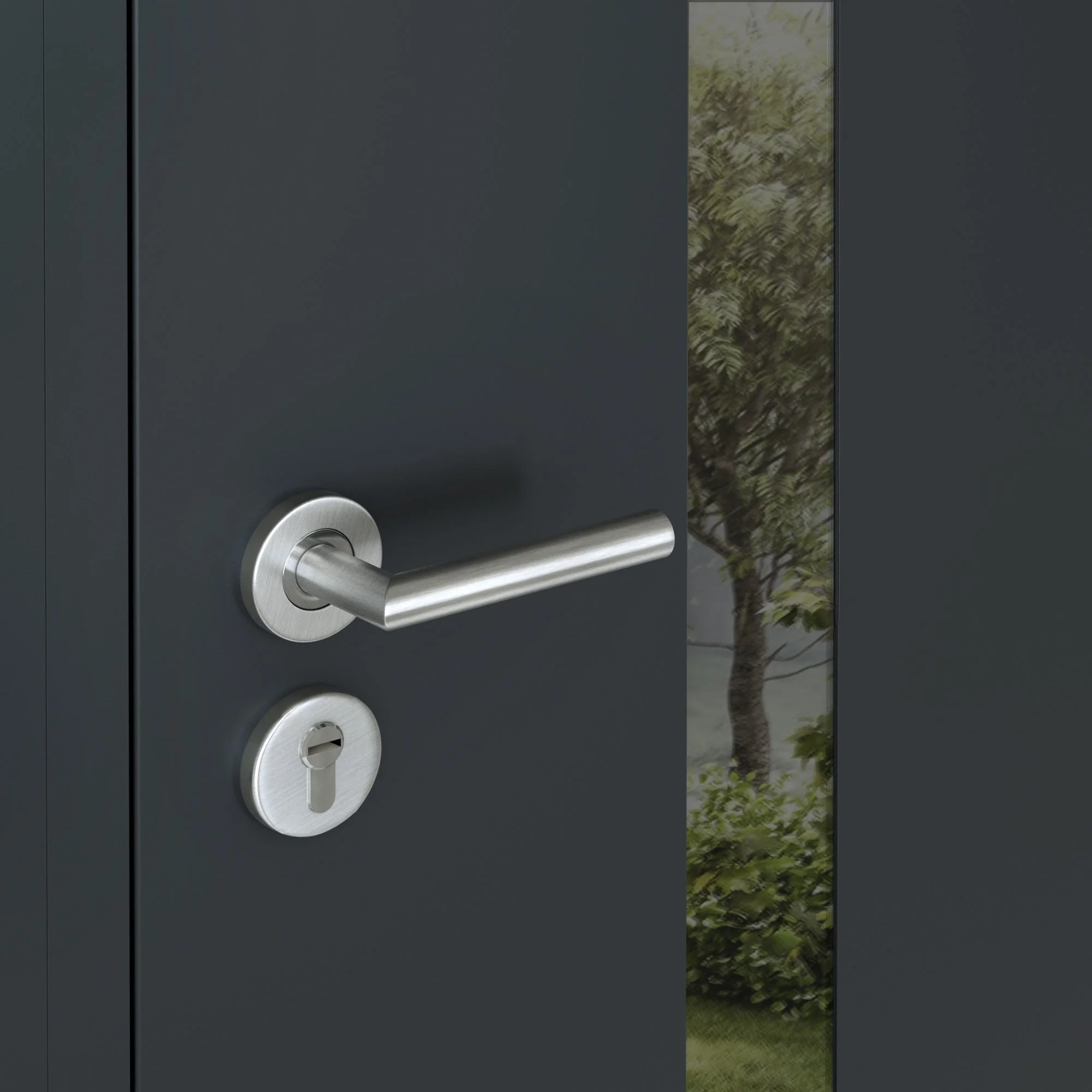 Front Exterior Prehung Steel Door / Cynex 6777 Black / 2 Side Exterior Windows / Stainless Inserts Single Modern Painted-W16+36+16" x H80"-Right-hand Inswing