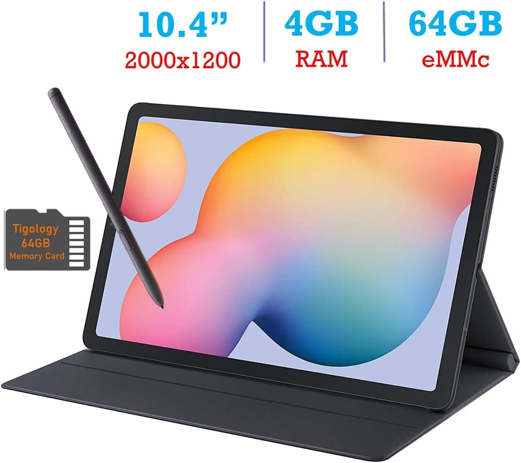 Samsung Galaxy Tab S6 Lite 10.4’’ Touchscreen (2000x1200) WiFi Tablet, Octa Core Exynos 9610 CPU, 4GB RAM, 64GB SSD, Front and Rear Camera, Bluetooth, Android 10 w/S Pen, Cover & Tigology 64GB SD