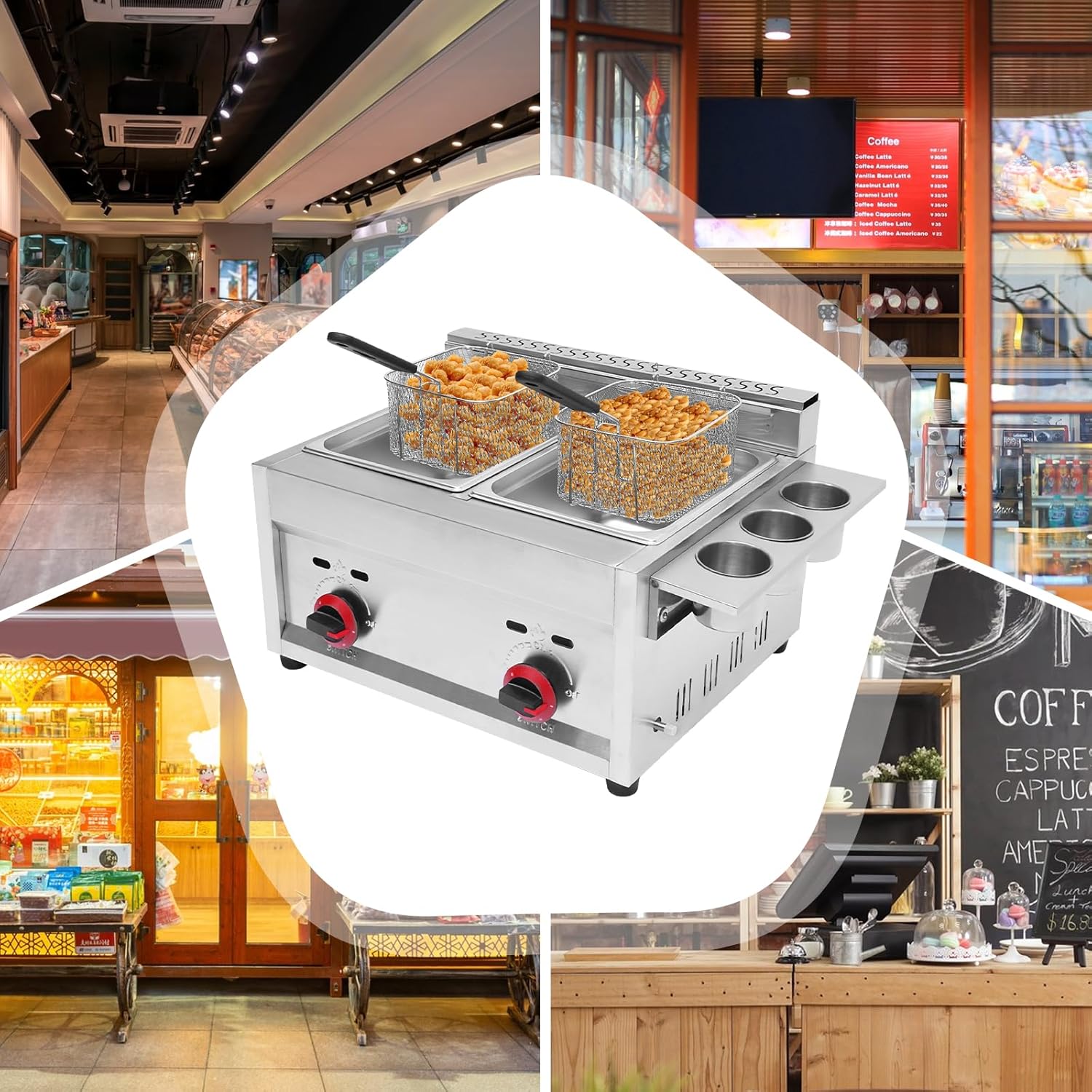 Commercial LPG Deep Fryer 2X 6L Double Basket Commercial Deep Fryer Counter Top Gas Fryer Stainless Steel for French Fries, Chicken, Donuts, Wings 5.3QT*2 Heating Power: 18000Btu/hr