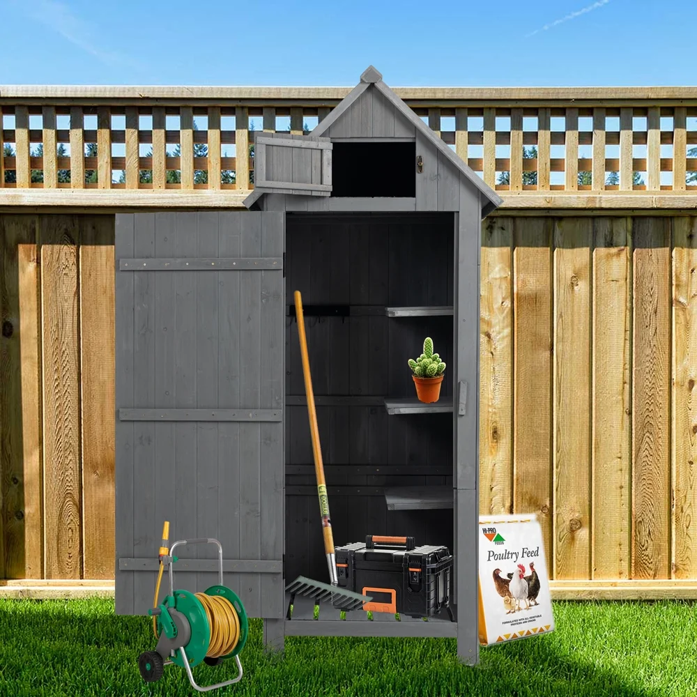 Outdoor Storage Cabinet, Garden Wood Tool Shed, Outside Wooden Shed Closet with Shelves and Latch for Yard, Patio, Deck and Porch, Wooden Garden Shed Gray