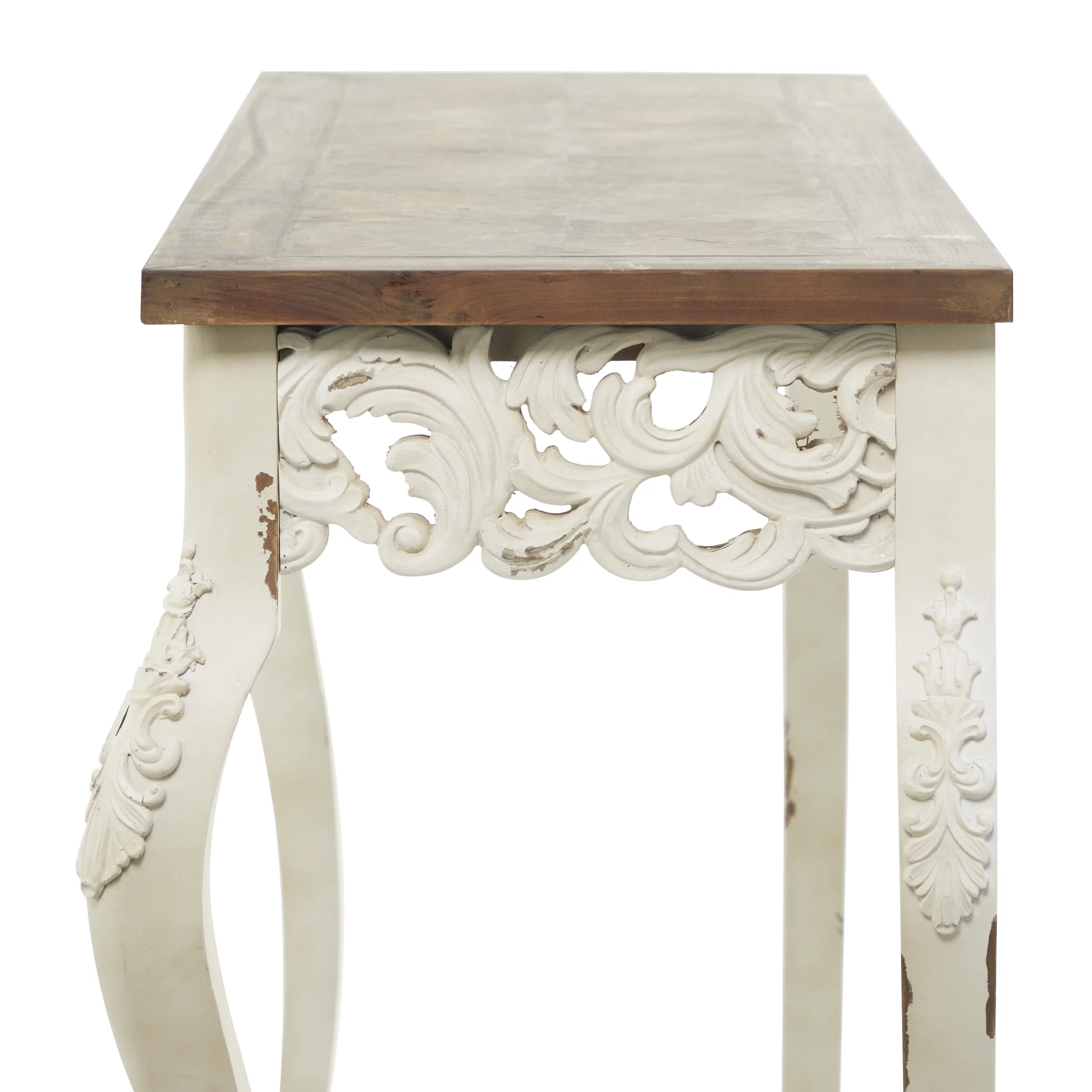 DecMode 46" x 30" White Wood Intricately Carved Floral Console Table with Brown Wood Top, 1-Piece