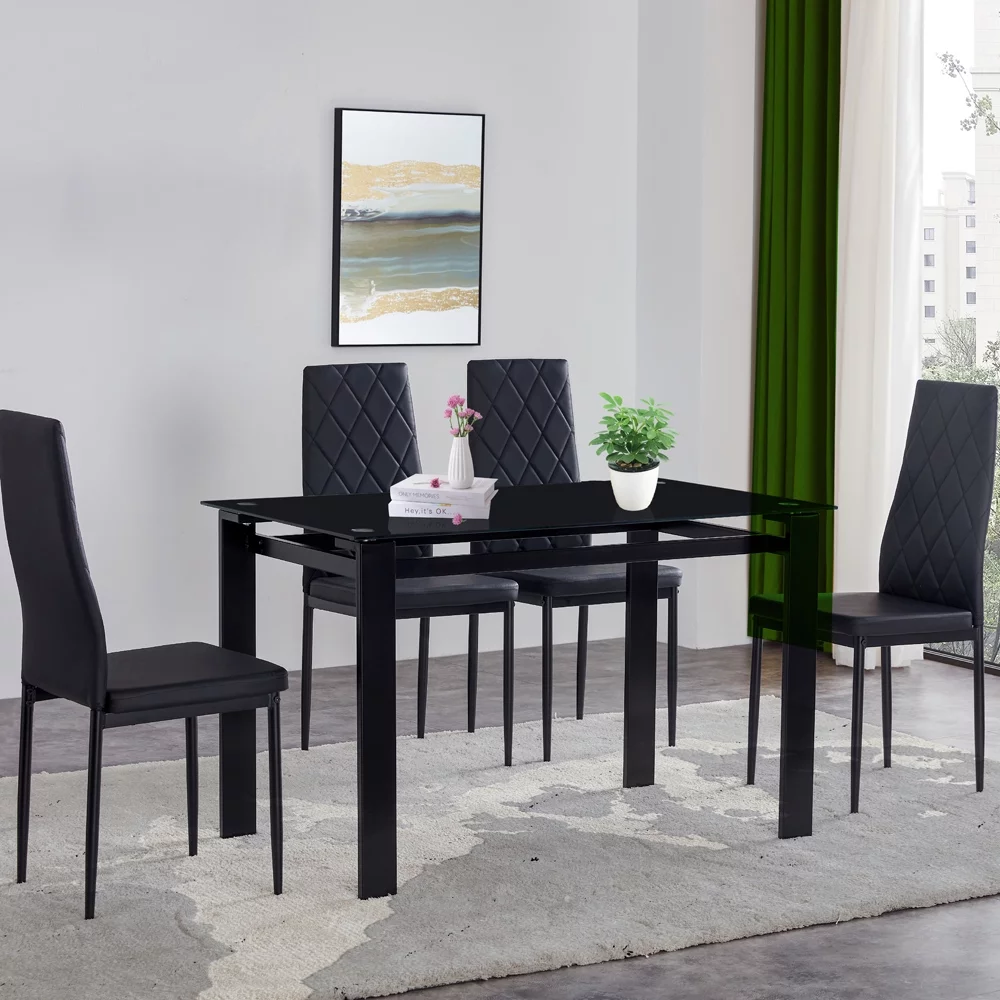 5 Piece Dining Table Set for 4,Kitchen Table and Chairs for 4, Dining Room Table Set with PU Leather Chairs,Small Dining Set for Small Spaces,Black