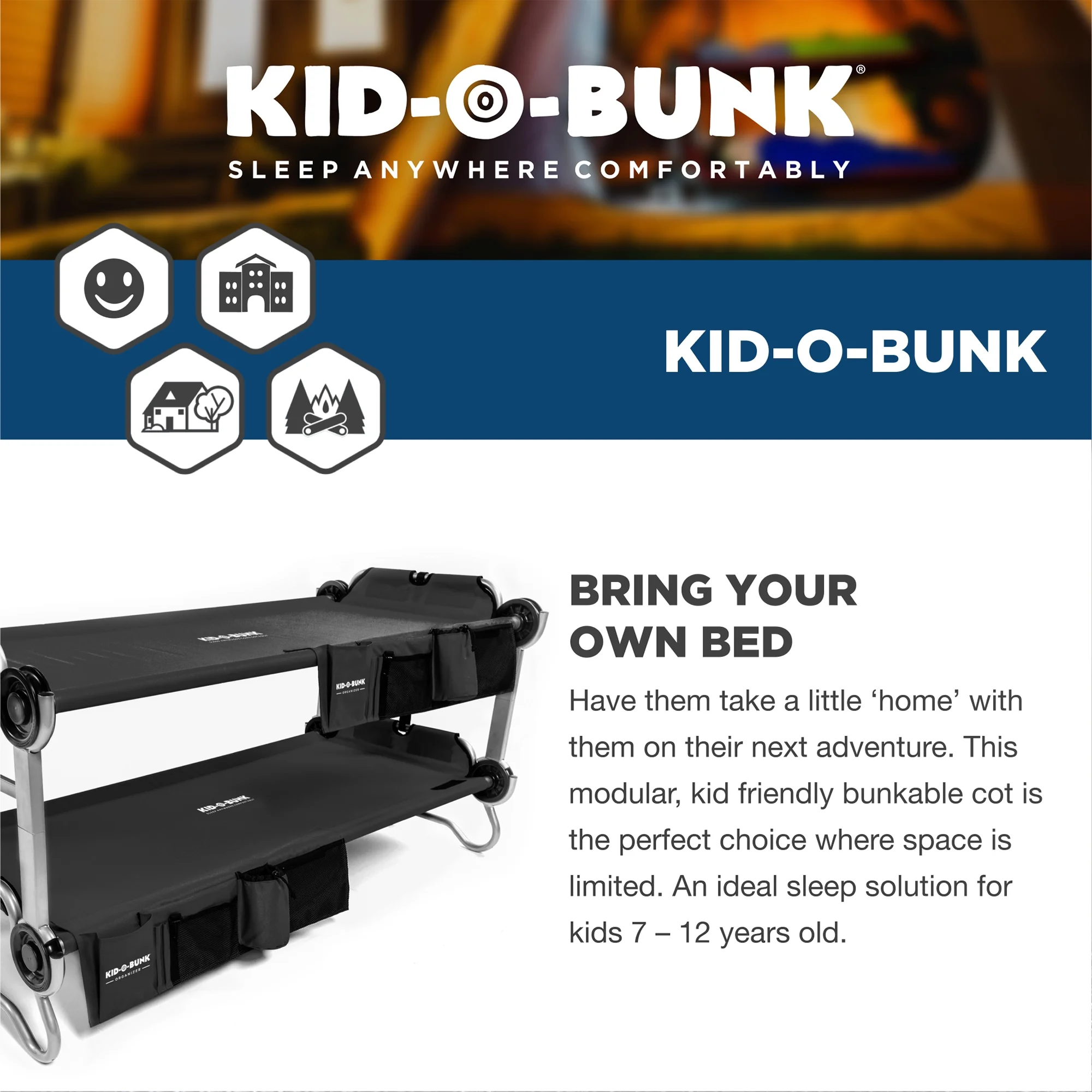 Disc-O-Bed Kid-O-Bunk Portable Benchable Double Cot with Organizers, Black
