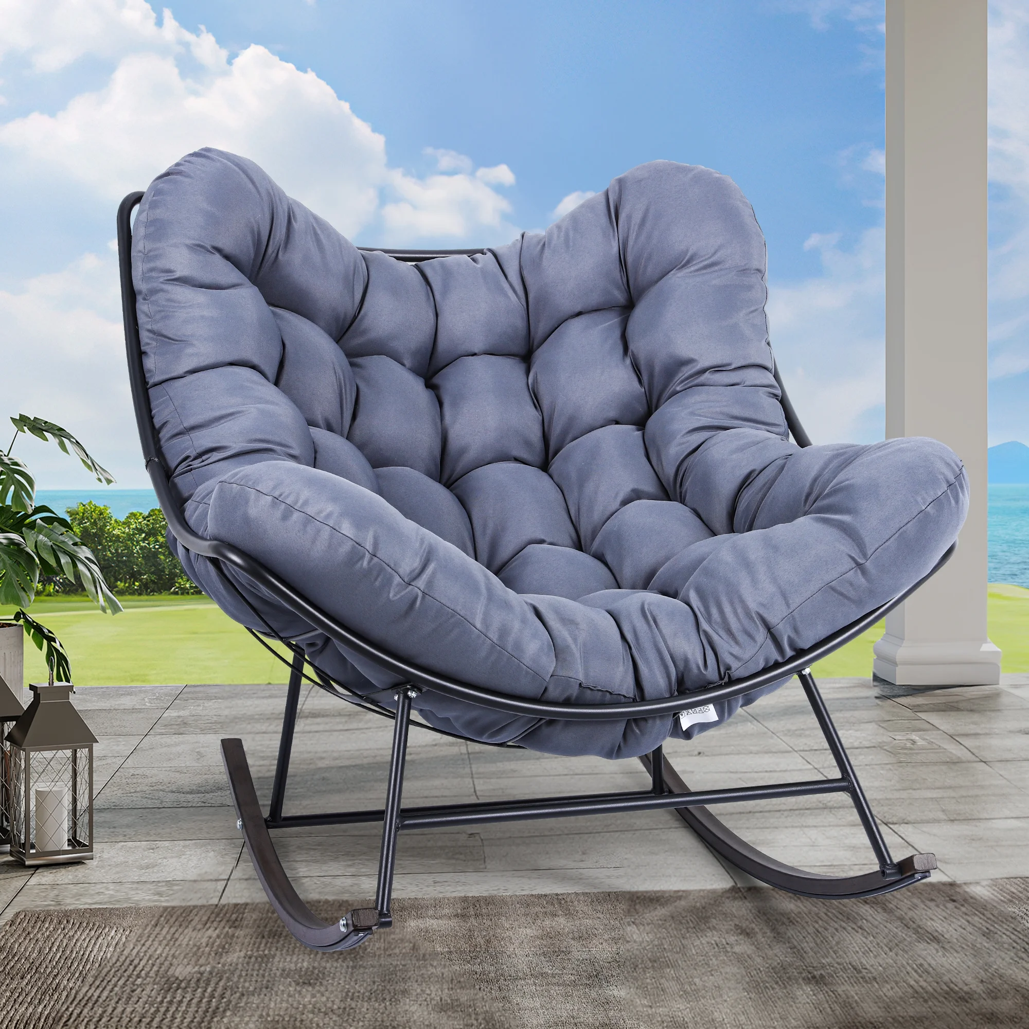 Dextrus Extra-large Papasan Rocking Chair, Cushioned Outdoor and Indoor Seating, Cozy Lounge Chair with Plush Padding for Master Bedroom, Family Room, Backyard Oasis,Terrace, Courtyard (Gray)