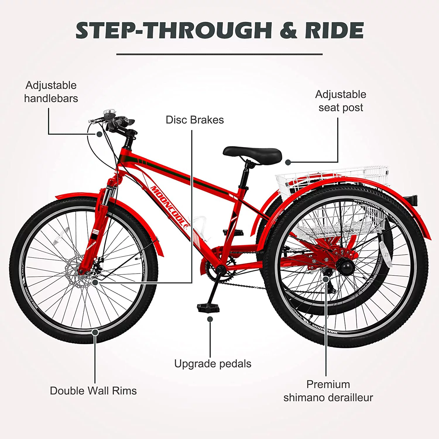 Lilypelle Adult Mountain Tricycle 24/26/27.5 Inch Low step through Mountain Bike Cruiser Trikes for Adults 7 Speed Three Wheel Trike Bike Bicycle with Large Basket