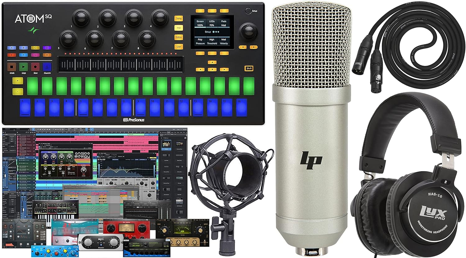 PreSonus ATOM SQ Hybrid Keyboard/Pad Production/MIDI and Performance Controller with Studio One Artist and Ableton Live Lite DAW Recording Software and Professional Studio Microphone Kit