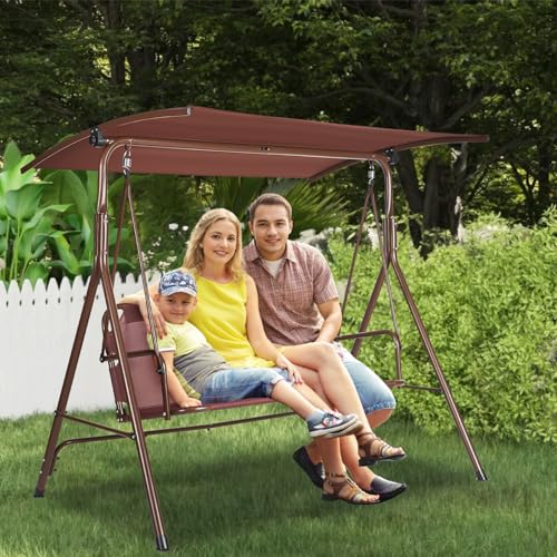 VEVOR 3-Seat Patio Swing Chair, Converting Canopy Swing, Outdoor Patio Porch with Adjustable Canopy, Removable Thick Cushion and Alloy Steel Frame, for Balcony, Backyard, Poolside, Brown