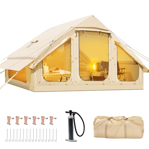 Inflatable Tents for Camping, Blow Up Tent with Hand Pump, Easy Setup Inflatable Hot Tent with Stove Jack, Waterproof Oxford Air Glamping Tents for Camping Adult 4-6 Person