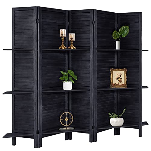 Room Divider with Shelves, Privacy Screen, Room Dividers and Folding Privacy Screens, 5 Panel Wood Temporary Wall Partition Separation Separator, Coconut