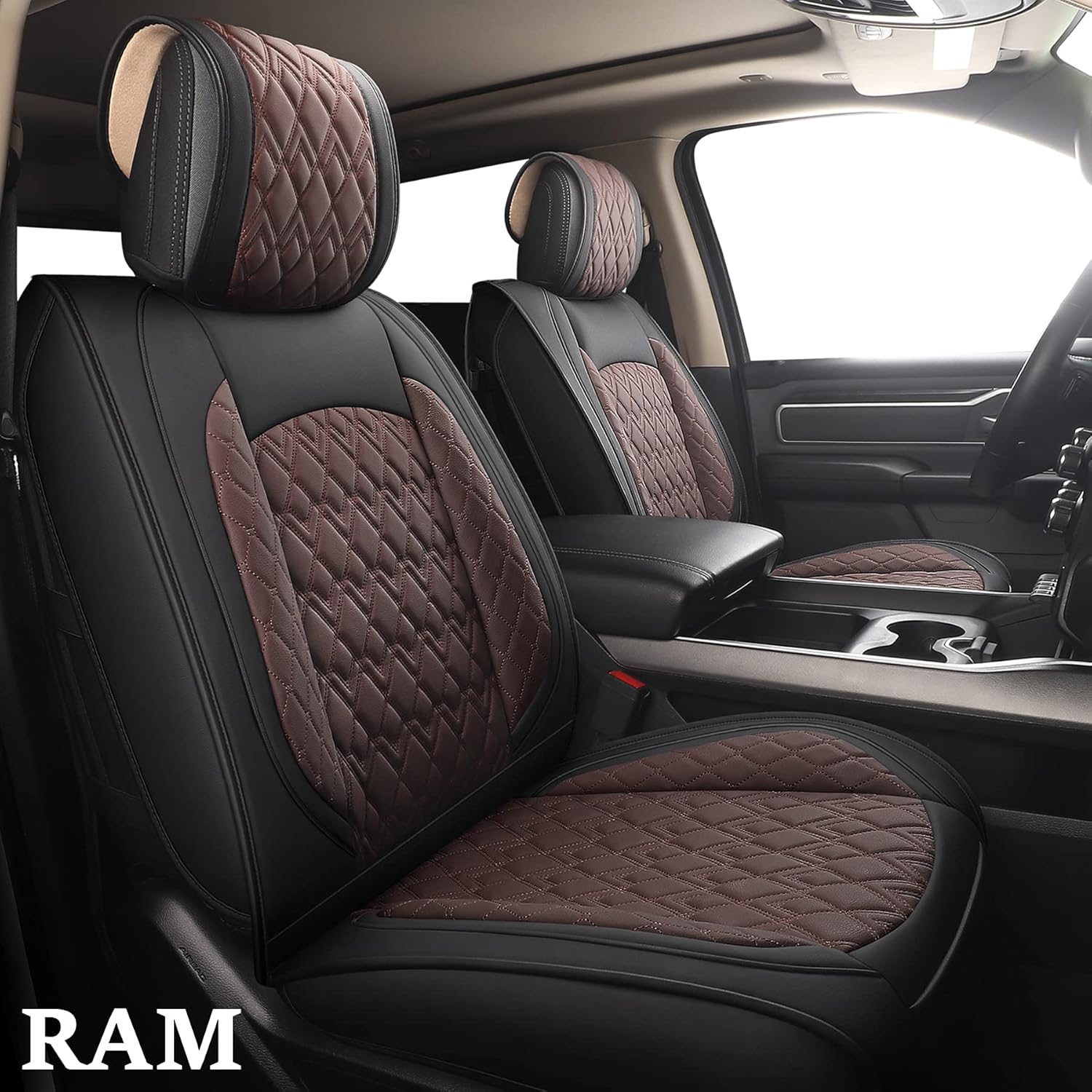JOJOBAY Car Seat Covers for Dodge Ram 2 Pcs Front,Fit Ram 2009-2022 1500/2500/3500 Pick-up Truck,Crew,Regular,Quad,Mega Cab,Waterproof Synthetic Leather Seat Covers Protectors（2 PCS Front,Black-Grey）