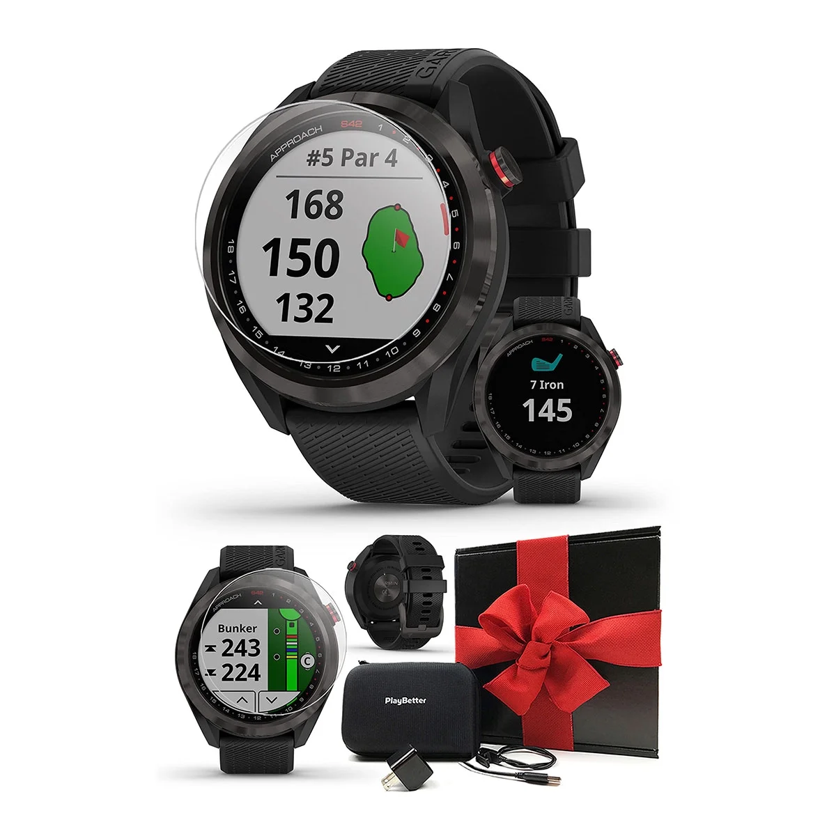 Garmin Approach S42 (Black) Golf GPS Watch Gift Box Bundle with PlayBetter HD Screen Protectors, USB Wall Adapter & Protective Hard Case - Curated Treasures Market