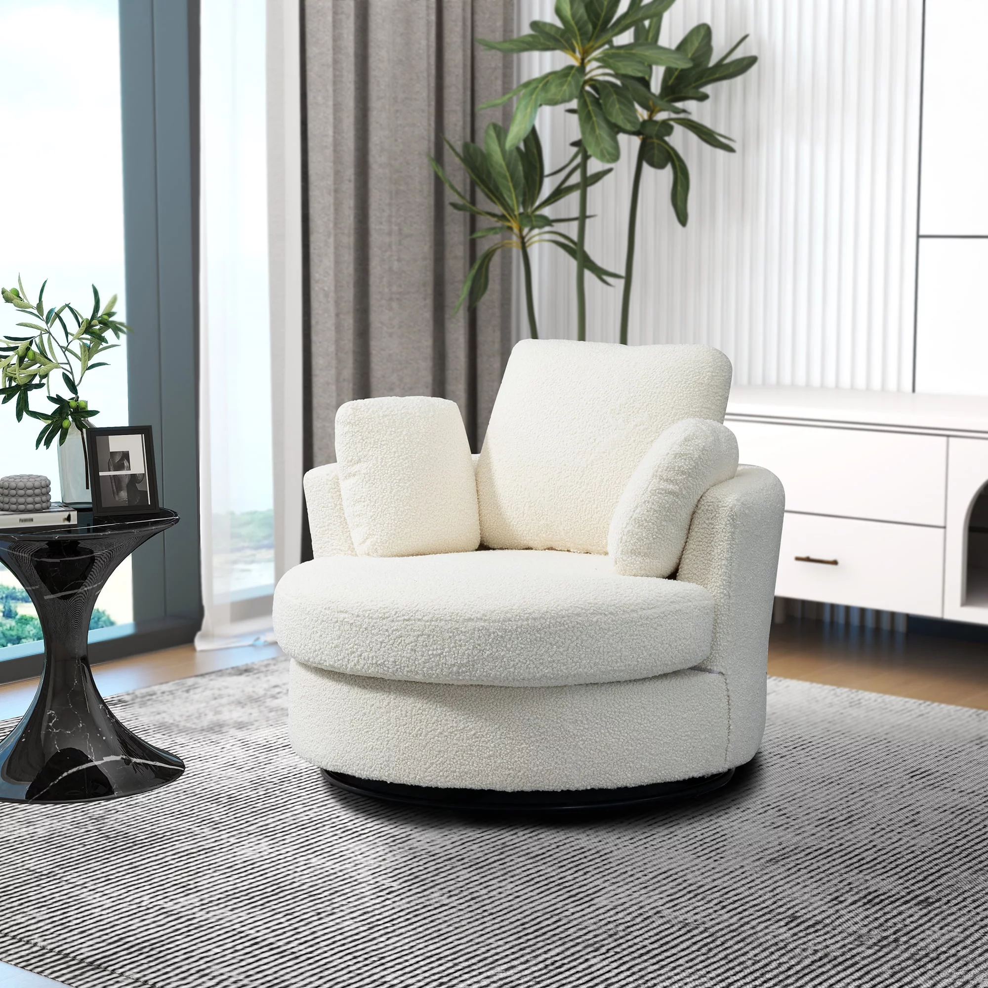 42.2"W Swivel Accent Barrel Chair And Half Swivel Sofa With 3 Pillows 360 Degree Swivel Round Sofa Modern Oversized Arm Chair Cozy Club Chair For Bedroom Living Room Lounge Hotel, Ivory Boucle