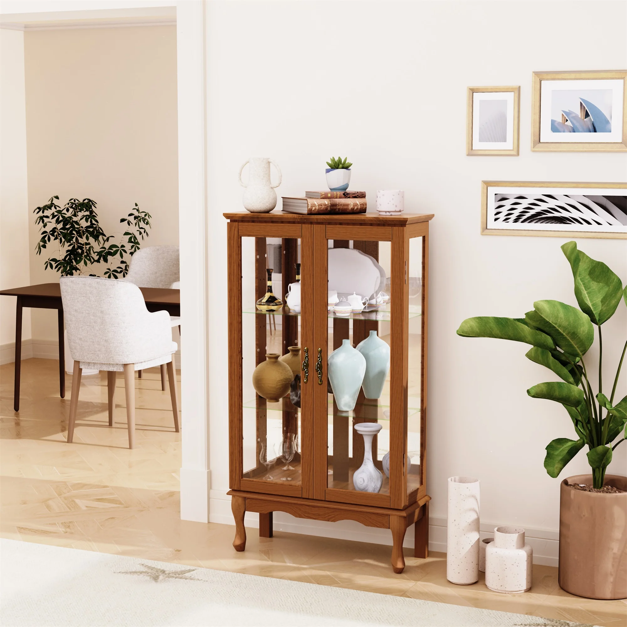Ufurpie 3 Tier Lighted Curio Display Cabinet with Adjustable Shelves and Tempered Glass Doors,Wooden China Storage Cabinet,Oak