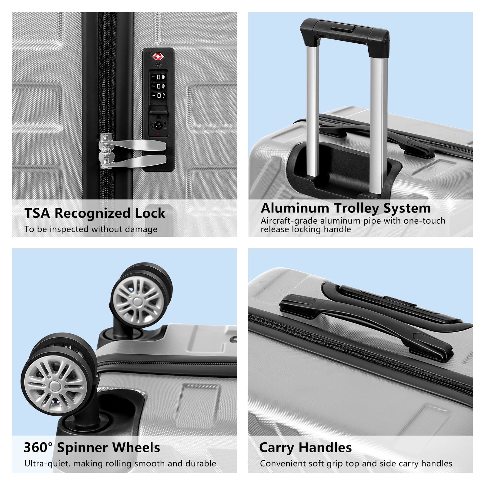 Hikolayae Hardside Spinner Luggage Sets in Silver, 5 Piece - TSA Lock