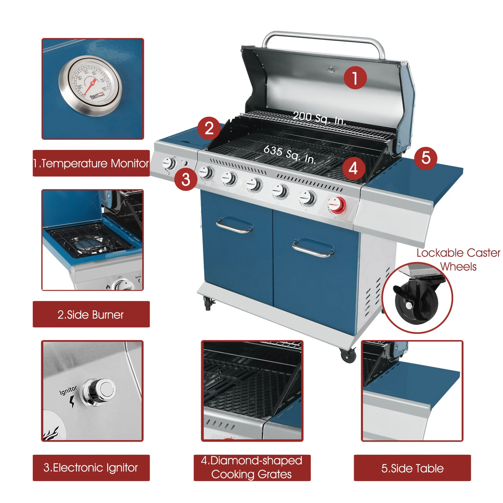 Royal Gourmet GA6402B 6-Burner BBQ Gas Grill with Sear Burner and Side Burner, 74,000 BTU