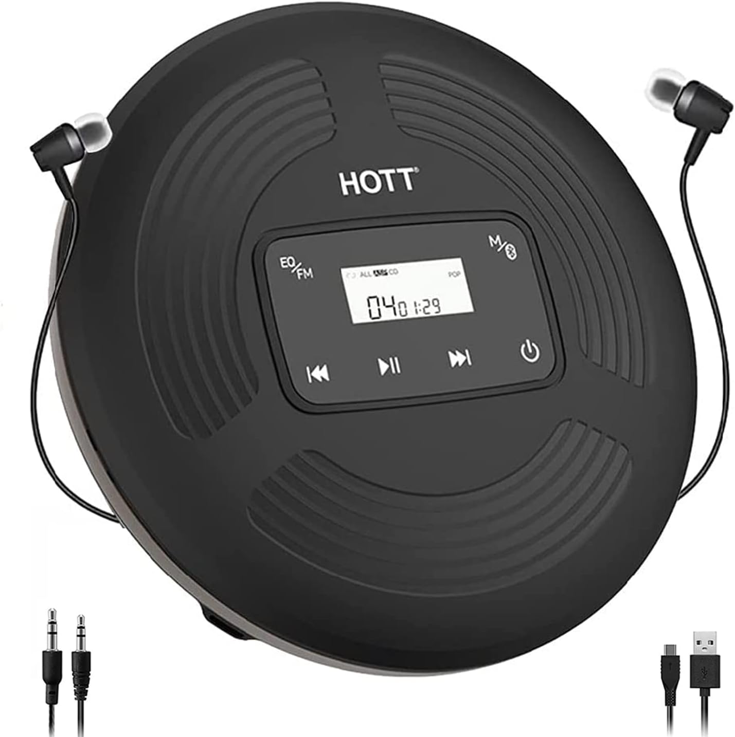HOTT CD903TF Portable CD Player for Car 1800mah Rechargeable HiFi Bluetooth 5.0 FM Transmitter Anti-Skip Shockproof with AUX Output TouchButtons ,Headphones Anti-Shock Protection-Black