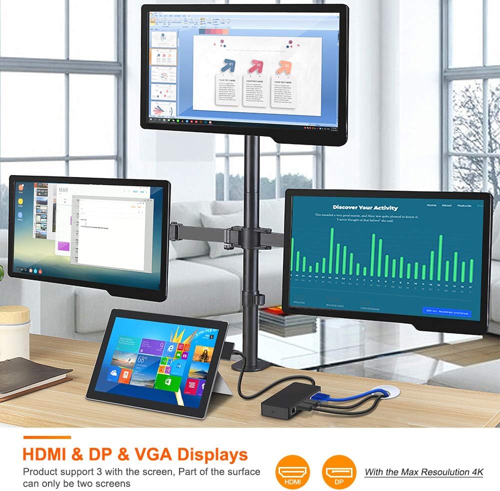 Surface Pro Dock for Surface Pro 4/Pro 5/Pro 6 USB Hub Docking Station with Gigabit Ethernet, 4K HDMI VGA DP Display, 3xUSB 3.0, Audio Out, USB C, SD/TF Card Slot Combo Dock Only for Surface Pro 4/5/6
