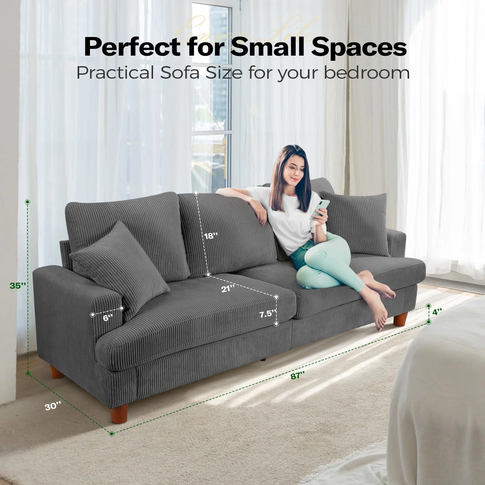 87" Corduroy Sofa,3 Seater Sofa Extra Deep Seats,Comfy Upholstered Couch for living Room,2 Pillows,Gray
