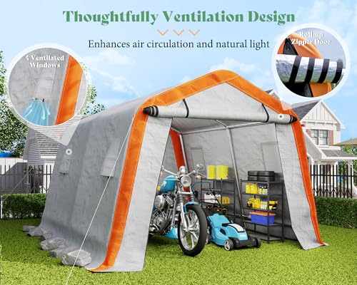 AMERLIFE 10.5x12x8 FT Heavy Duty Portable Shed Storage Shelter, Outdoor Storage Shed with 4 Waterproof Windows & Roll-up Zipper Door, Carport for Motorcycle, Bike, Grey