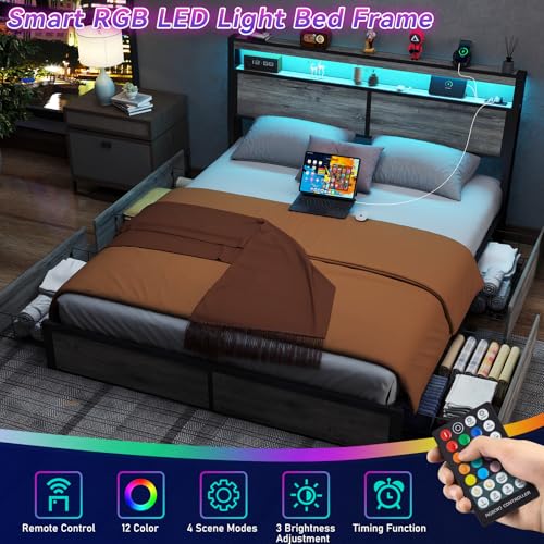 SADENICEL Queen Bed Frame with Storage Headboard and 4 Drawers, Metal Platform Bed Frame with LED Light, Charging Station, No Box Spring Needed, Noise Free, Easy Assembly, Vintage Brown