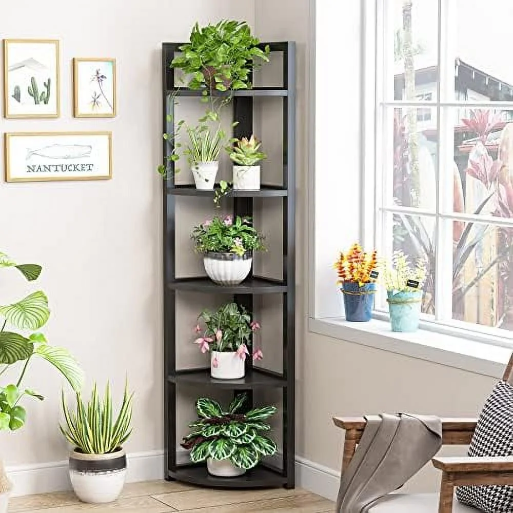 YZboomLife 5 Tier Corner   Rustic Corner Bookshelf Small Bookcase  Rack Plant Stand for Living Room  Home Office  Kitchen  Small Space (Brown)