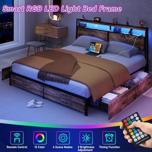 SADENICEL Queen Bed Frame with Storage Headboard and 4 Drawers, Metal Platform Bed Frame with LED Light, Charging Station, No Box Spring Needed, Noise Free, Easy Assembly, Vintage Brown
