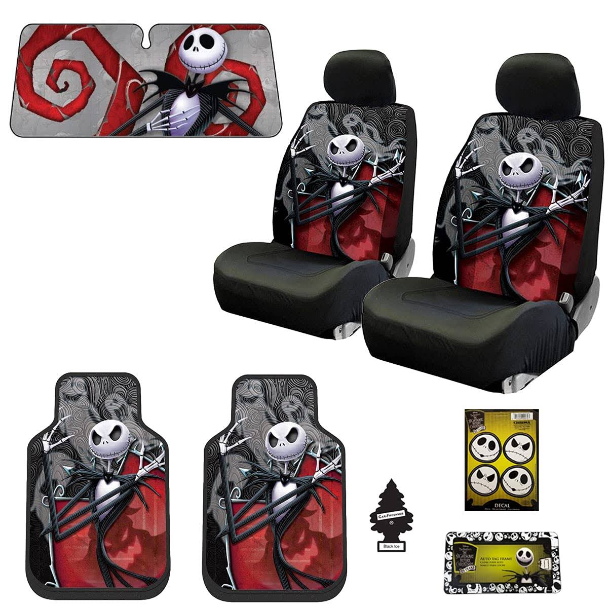Yupbizauto New 15 Pieces Nightmare Before Christmas Jack Skellington Ghostly Car Truck SUV Seat Covers Floor Mat Bundle Set