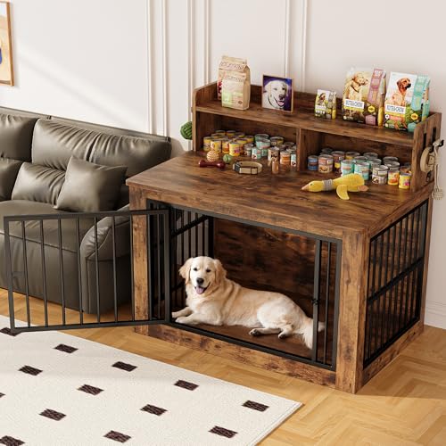 IRONCK Extra Large Dog Crate Furniture, 43.3 inches Wooden Dog Crate with Storage and 4 Hooks, Heavy Duty Pet Crate for Large Dog, Decorative Pet Cage for Indoor (30" L x 43.3" W x 41.1" H)