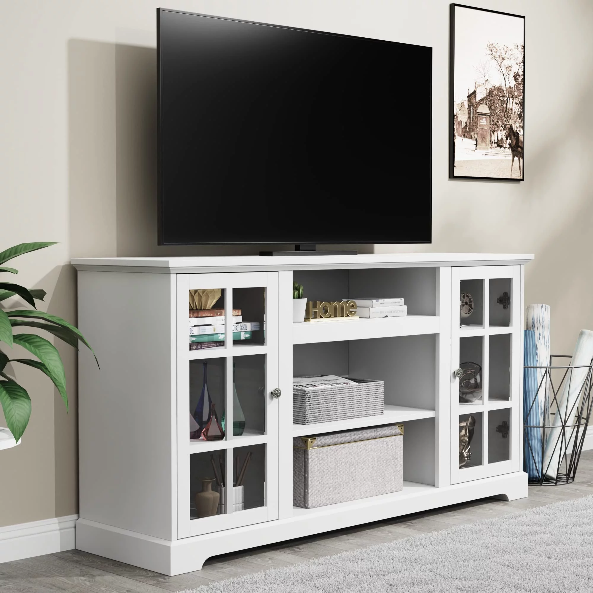 TV Stand Modern Farmhouse Wood Entertainment Center for TVs up to 65", White