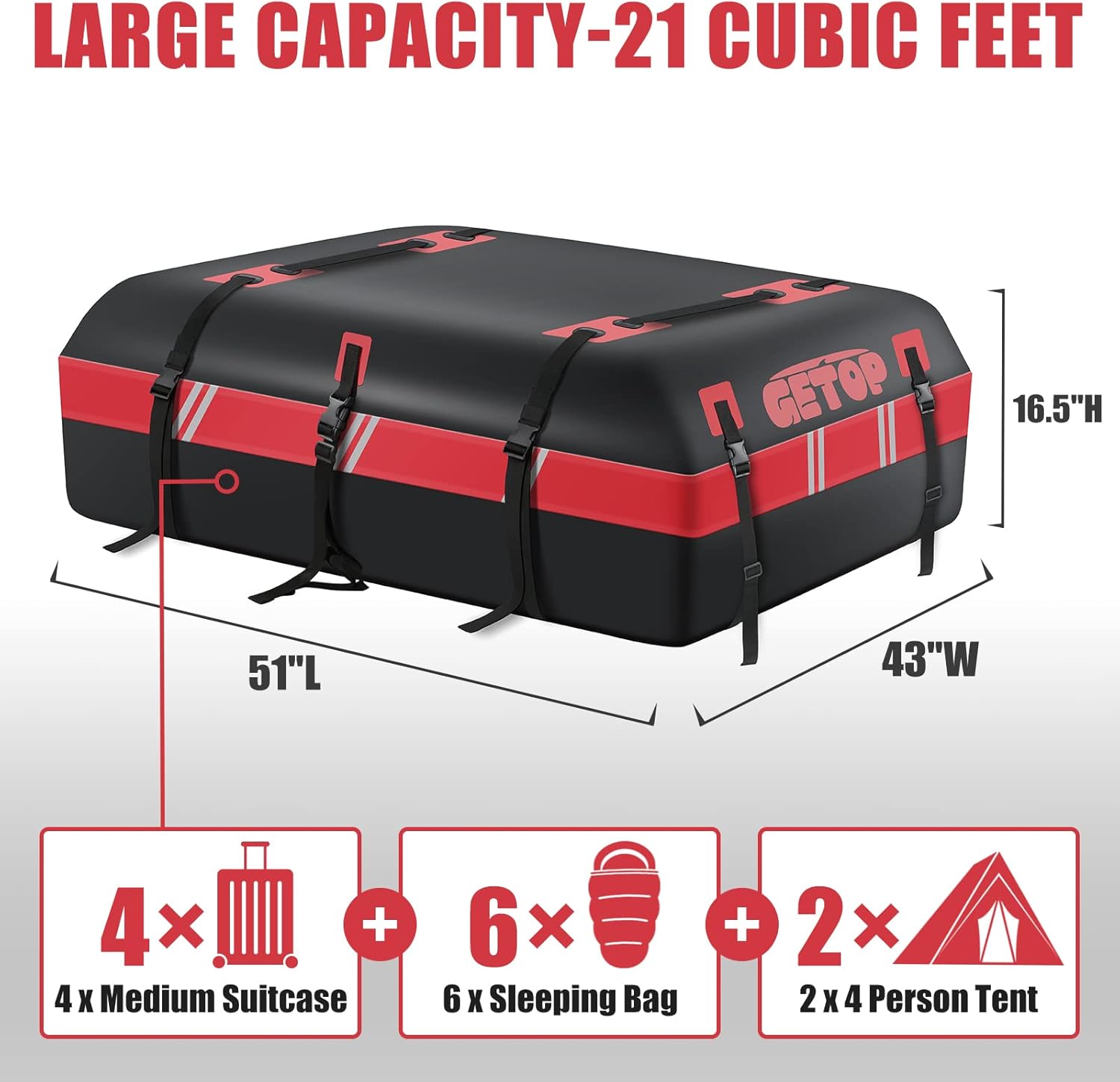 21 Cubic Feet Rooftop Cargo Carrier Bag Waterproof,GETOP 730D Car Roof Bag Heavy-Duty Soft-Shell for All Car with/Without Rack,with Non-Slip Mat, 6 Door Hooks，Lock，Storage Bag(Red)