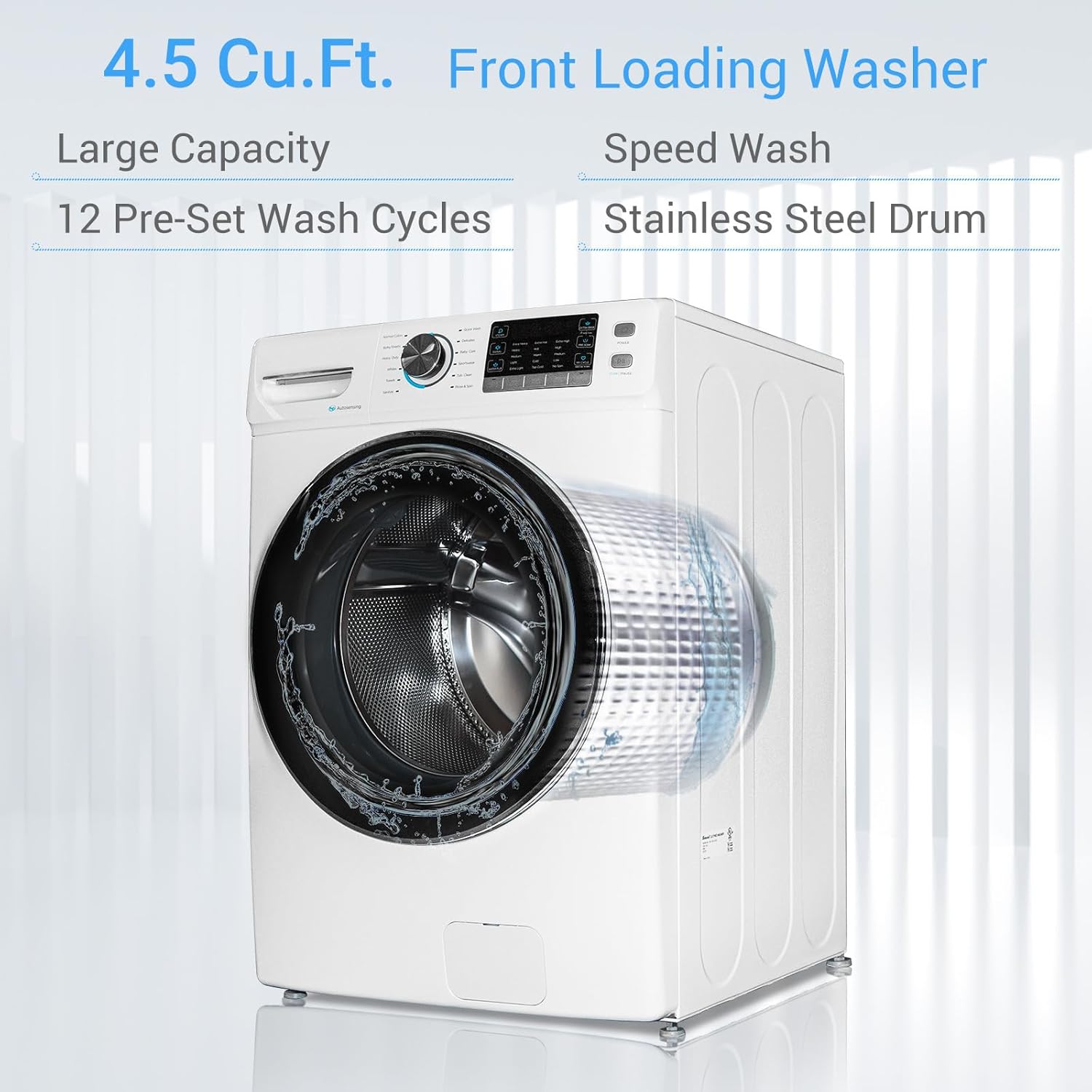 27" 4.5 Cu.Ft Front Loading Washing Machine, 18 Lbs Clothes Washer for Family, Water Plus, Quick Wash and Steam, 12 Washing Cycles, 120V, White