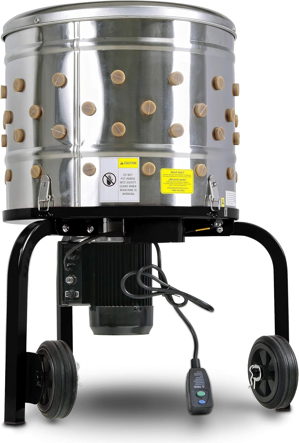 Kitchener Chicken Plucker De-Feather Remover Poultry and Fowl Food Processor Electric Stainless Steel Heavy Duty 1HP 120VAC 280RPM GFCI Connector 92 Soft Fingers 20" Drum Diameter