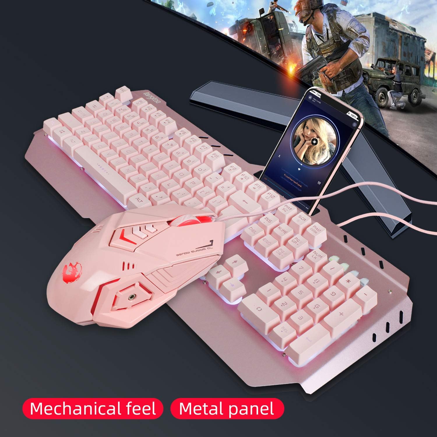 DGG Pink 4-in-1 Gaming Keyboard Mouse Headset Combo, White Led Backlit 104 Keys Ergonomic Gamer Keyboard+4800DPI Adjust Optical Game Mouse+3.5mm Gaming Stereo Headset Pack of 2