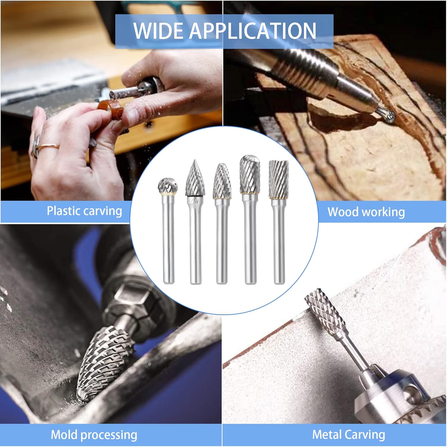 5PCS Double Cut Carbide Burr Set - 1/4 Inch Shank 10MM Head Die Grinder Bits Solid Carbide Rotary Burr File Set for Die Grinder Drill, Metal Carving,Polishing,Engraving,Drilling (Double Cut) Pack of 2