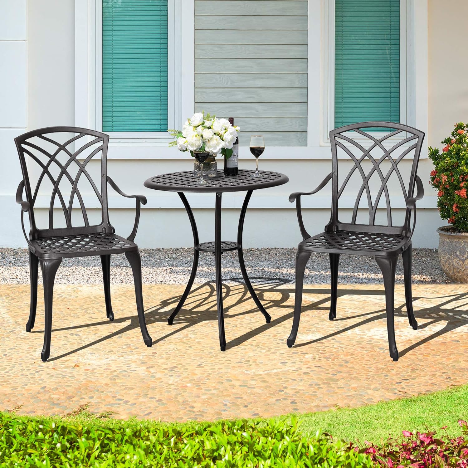 Nuu Garden 3 Piece Patio Bistro Table Set, Cast Aluminum Outdoor Patio Bistro Set Weather Resistant Chairs and Table with Umbrella Hole for Yard, Balcony, Antique Bronze